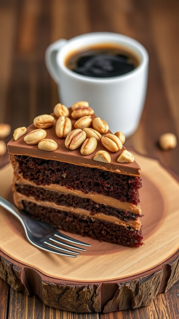 A slice of Hazelnut Mocha Cake with chocolate layers and hazelnut topping, served on a wooden board with coffee.